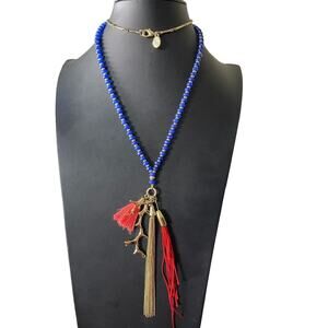 Tommy Bahama Ocean Coral Charms Tassel Blue Beaded Gold Tone Necklace Signed